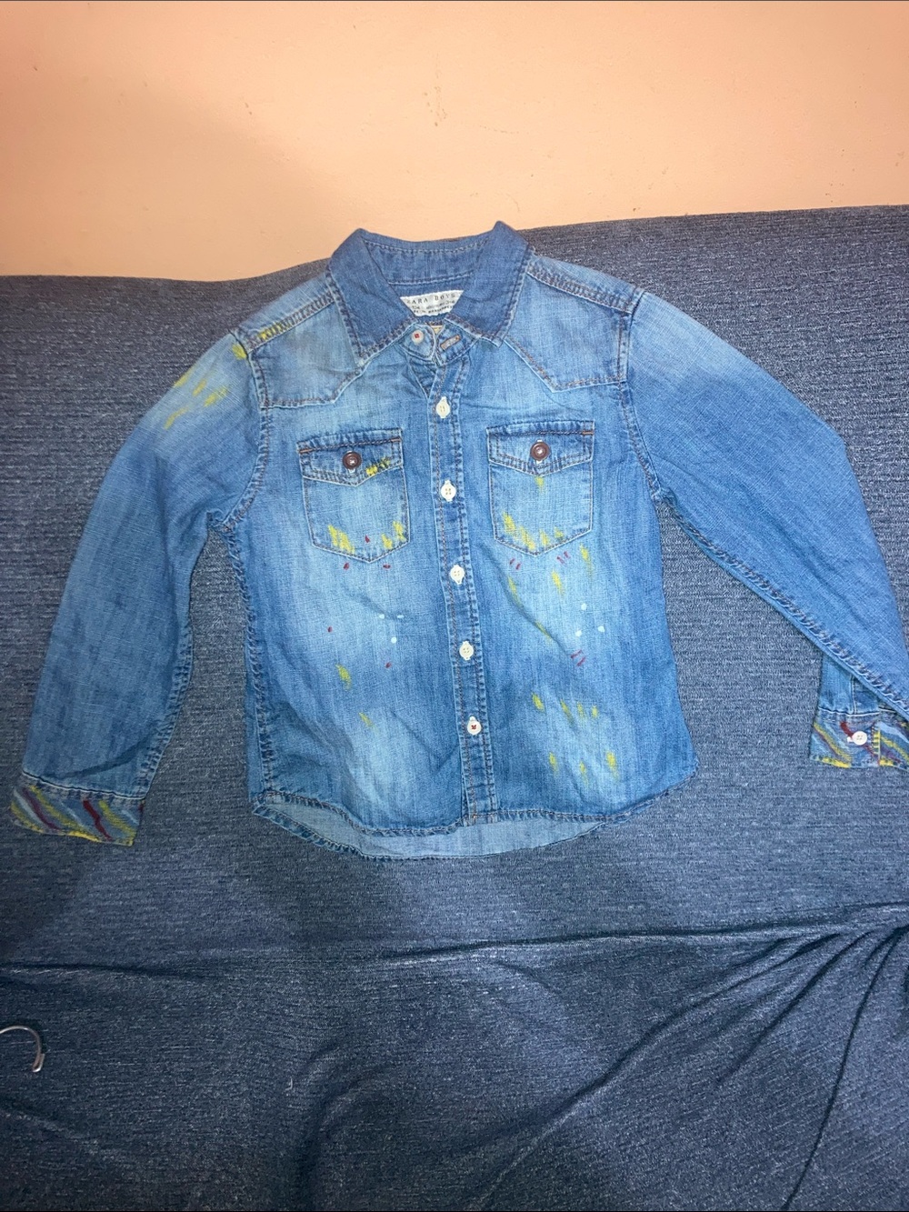 Zara Light Blue Denim Jacket with Multicolor Paint Accents